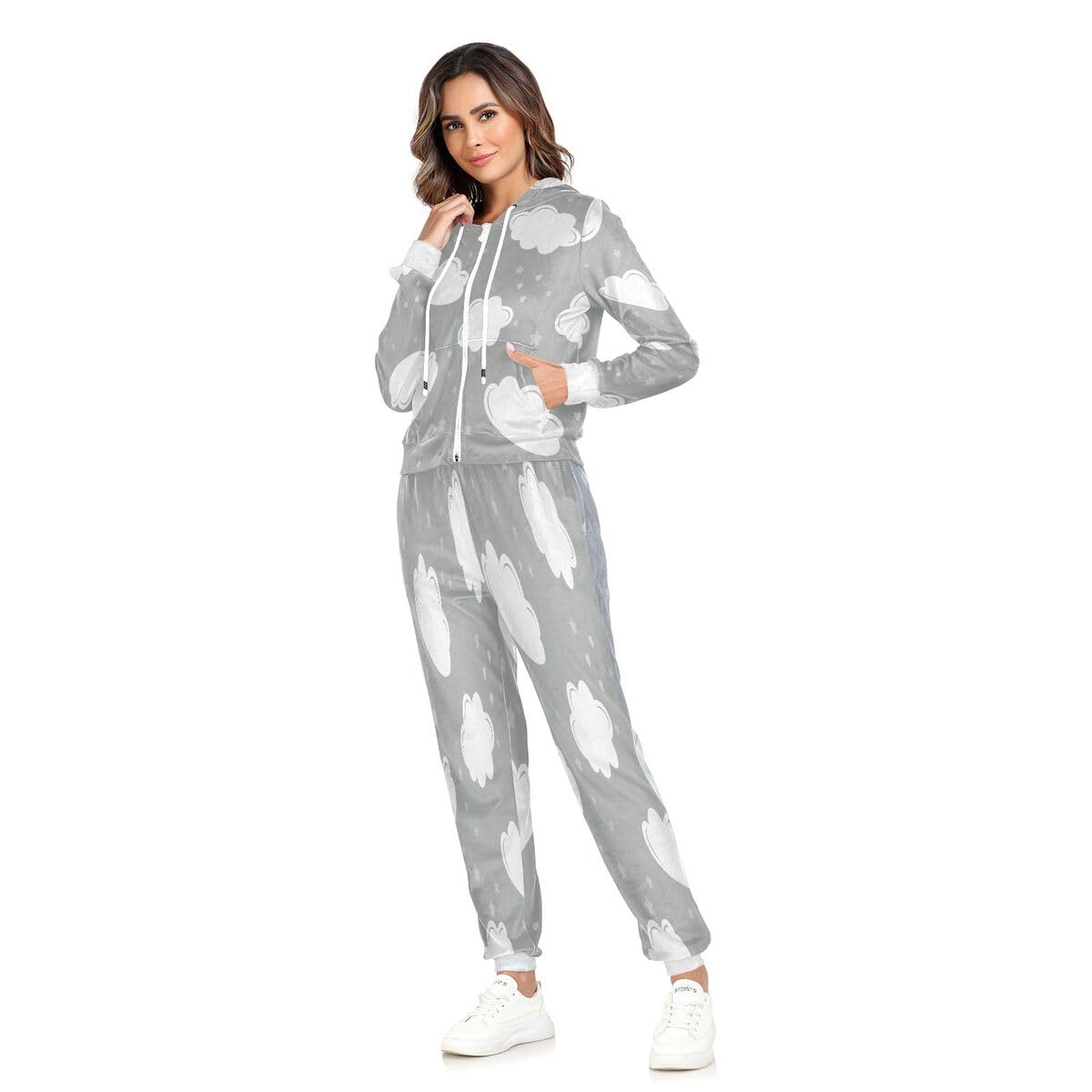 Conjunto deportivo de 2 piezas para mujer, diseño de nubes de dibujos animados, manga larga, conjunto deportivo de estrellas, color gris