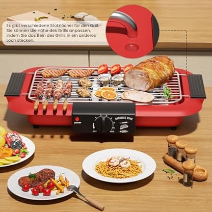 Elektrogrill Tischgrill elektrisch, Elektrischer BBQ-Grill, rauchloser Non-Stick Innen-/Outdoor-Grill, 2000W Doppelröhre tragbarer abnehmbarer Standgrill der hohen Leistung (Klassisches Rot) – Bild 6