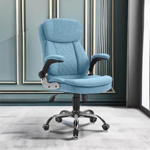 Miniatura 6 de YAMASORO Silla de oficina ejecutiva ergonómica respaldo alto sillas de escritorio para computadora con ruedas y brazos abatibles tela de lino azul