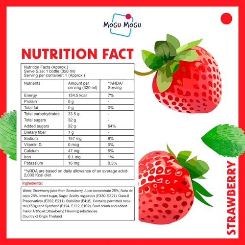 Image of Mogu Mogu Strawberry Juice with Nata de Coco Jelly 320ml (Pack of 6), Refreshing Tropical Thai-Made Sip & Chew Beverage