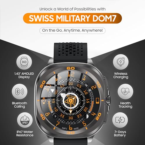 Image of Swiss Military DOM7 Smartwatch 1.43 inch AMOLED, Bluetooth Calling, Multi Language, Health & Sports Tracking, Wireless Charging, 7 Days Battery, IP67, iOS /Android Compatible, Gun Metal Frame & Black Strap
