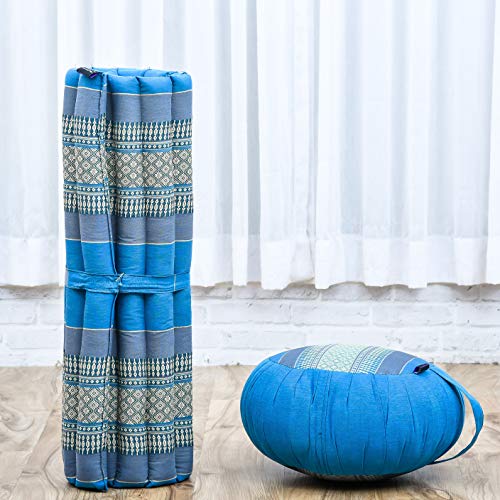 Image of Leewadee Meditation Cushion Set - 1 Round Zafu Meditation Pillow and 1 Square Roll-Up Zabuton Meditation Mat, Pillows Bundle Filled with Kapok