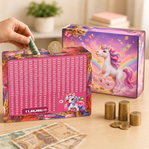 Image of Storio Unicorn Wooden Piggy Bank with Counter for Kids & Adults, Money Saving Box, Wooden Coin Bank with Number Counter, Cash Savings Bank, Coin Collection Box for Home Office Decor