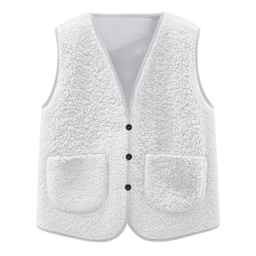 Boys Girls Polar Fleece Vest Button Down V Neck Sleeveless Jacket Ligntweight Outwear Plain Warm (White, 9-10 Years)