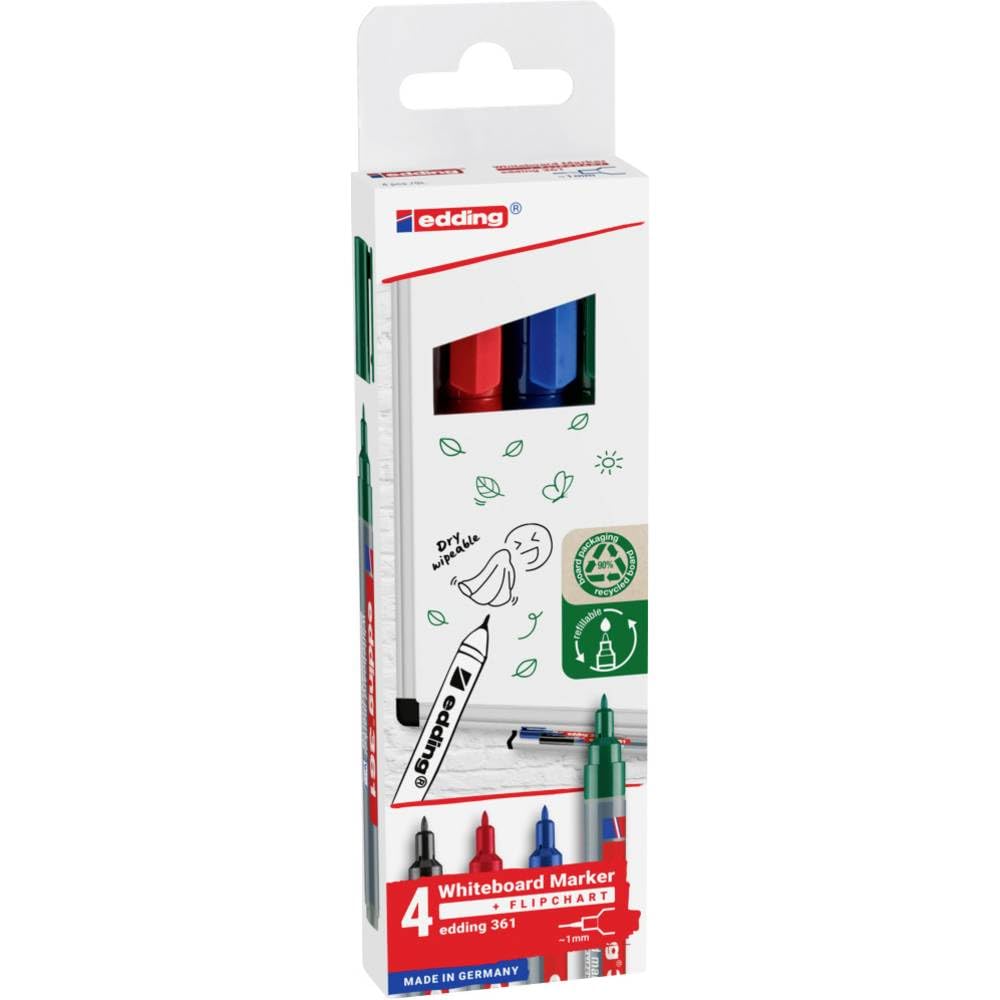Edding 361 Whiteboard Marker Set - Multi-Coloured 4 Pens Round Tip 1 Mm Pen Dry Wipe For Whiteboards, Flipcharts, Magnetic, Memo Boards Sketchnotes Refillable