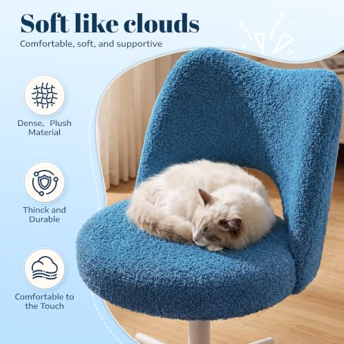 Image of DurayLoly Vanity Chair with Wheels,Soft Teddy Fabric 6 inch Thick Cushion, Height Adjustable 17.5 inch-21.5 inch, Open Back, 360 Swivel for Vanity Table, Home Office Dark Blue