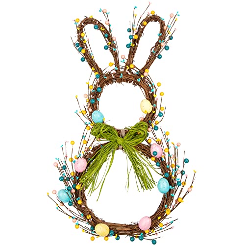 VGIA 27 Inch Artificial Easter Wreath for Front Door Rabbit Wreath with Pastel Eggs and Mixed Twigs Spring Bunny with Raffia Bow for Easter Decorations
