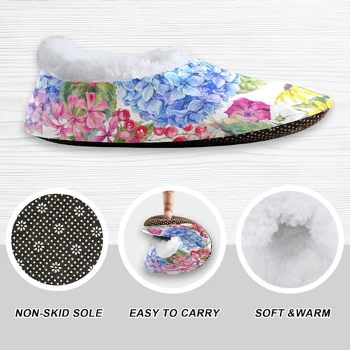 Naanle Women's Slippers Watercolor Hydrangea Fuzzy Fleece Warm Comfy Bedroom Shoes Home Slippers with Anti-Slip Sole3