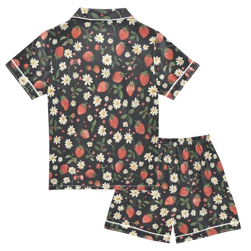 ALAZA Strawberry Daisy Blossom Print Satin Pajamas Set Short Sleeve Button Down Sleepwear Summer Pjs 2 Piece2