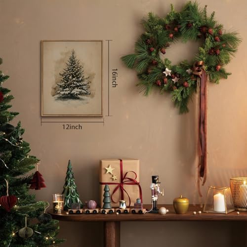 Image of KISSFOX Vintage Christmas Tree Framed Wall Art Watercolor Snowy Canvas Art Rustic Winter Evergreen Tree Paintings Art Prints Modern Farmhouse Pictures Wall Decor For Kitchen Bedroom Living Room