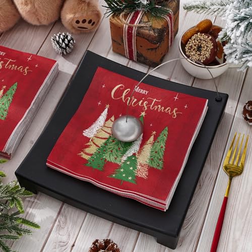 80 Pack Merry Christmas Paper Napkins Red Green Gold Xmas Tree Disposable Party Luncheon Napkins for Christmas New Year Holiday Dinner Party Supplies, 6.5 x 6.5 Inch – Image 3