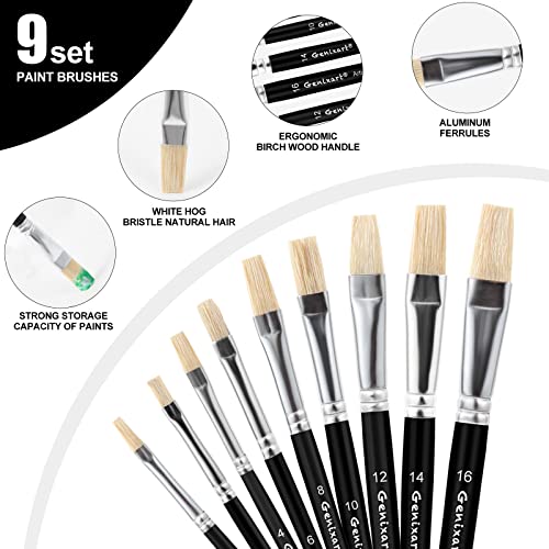 Genixart 9PCS SET Acrylic Oil Watercolor Paint Brush Set, 9Pcs Flat Paintbrushes For Art Painting, 100% Natural White Hog Bristle Artist Paint Brushes thumb #3