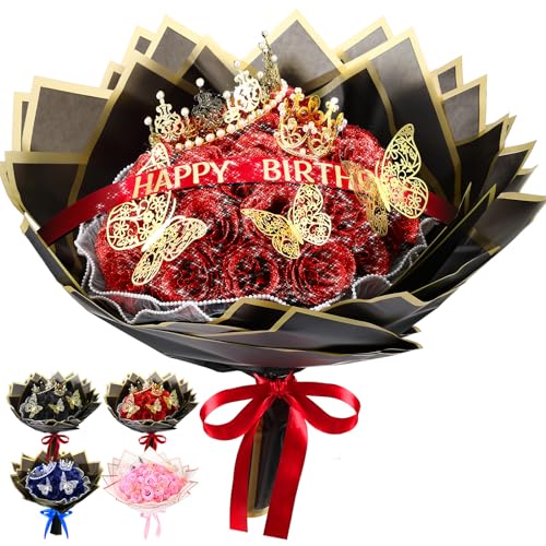 Thiccywoov 36 Pcs Glitter Roses Bouquet Graduation Artificial Rose DIY Flower Bouquet Kit Flower Wrapping Paper 3D Butterflies Crowns for Mom Mother Teacher Birthday (Red)