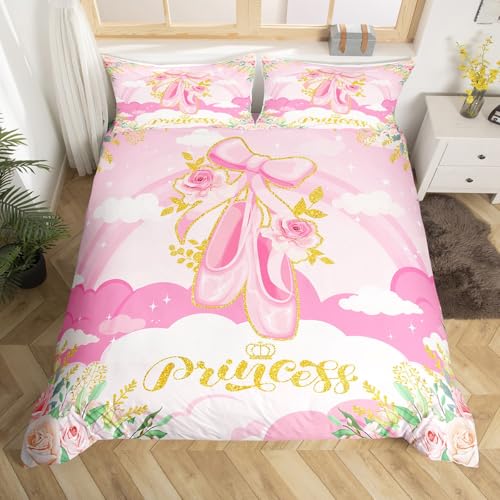 Juego de funda de edredón de zapatos de ballet (sin edredón), funda de edredón rosa de princesa de ballet para decoración de dormitorio de niños y adultos, juego de ropa de cama de ensueño con lazo,