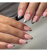 24Pcs French Tip Press On Nails Almond,French Silver Edge Simple Sweet Cool Fake Nails in 12 Size...
