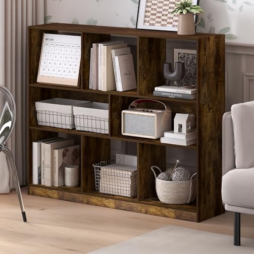 Image of Furinno DALY Book Shelf, 8-Cube Bookshelf, Horizontal Cube Storage Organizer Bookcase, 10.9 x 47.2 x 39.4, for Living Room, Bedroom, Home Office, Amber Pine