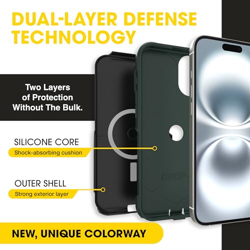 Image of OtterBox iPhone 16 Plus (Only) - Commuter Series Case - Built-in MagSafe - Thin, Dual-Layer, Pocket-Friendly, Port Cover - Forest Night (Black /Green)