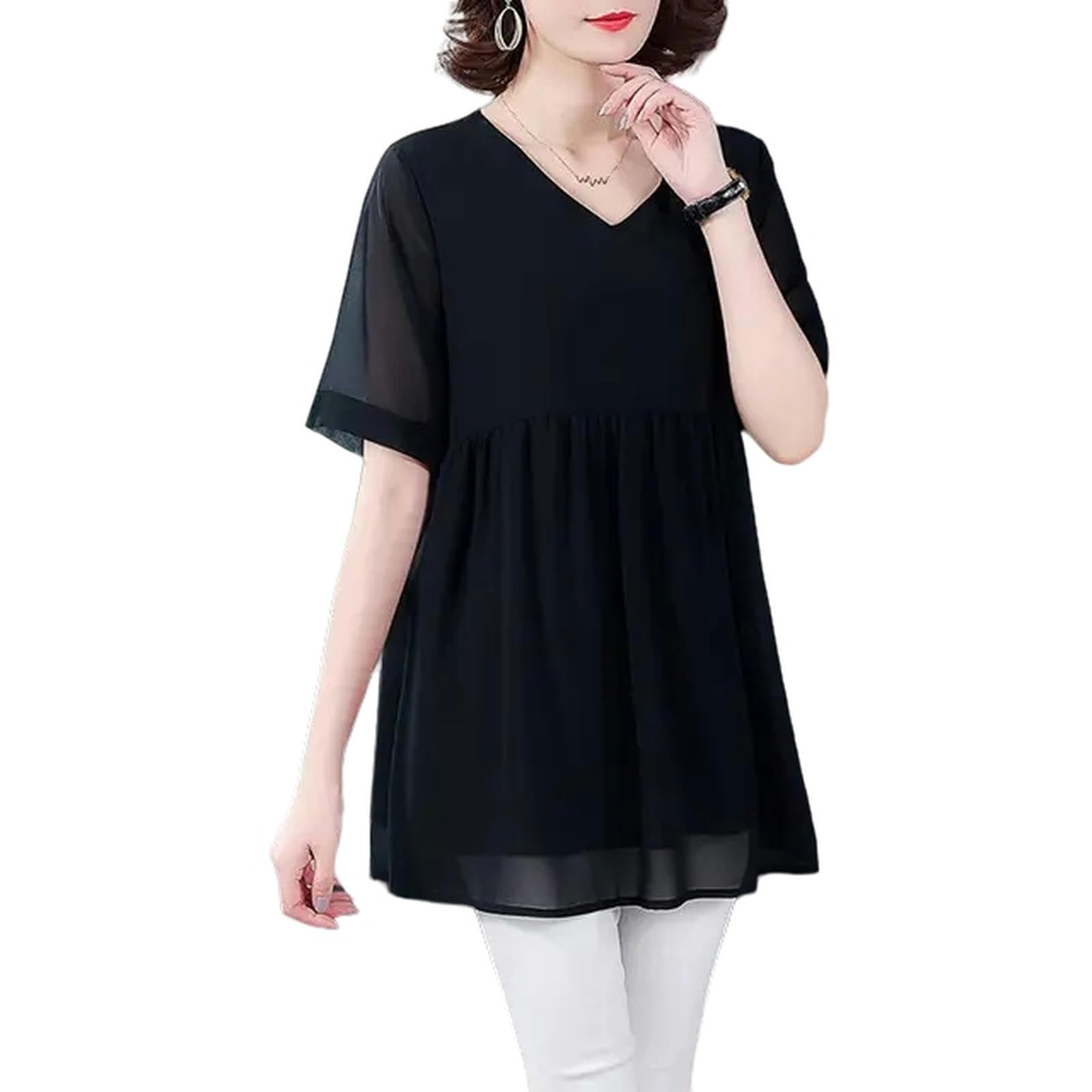 TEidea Koszulki damskie letnie średniej długości szyfonowa bluzka damska plus size krótkie rękawy, b, L