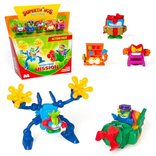 SUPERTHINGS KAZOOM Power Mission – Action Pack. Contiene 5 SuperThings (Incluye 1 SuperLíder Dorado), 1 Exoskeleton, 1 Slider. Pack 1 de 4
