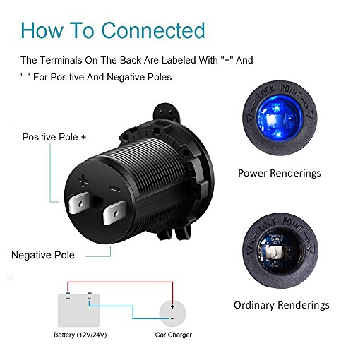 Cigarette Lighter Socket Car Marine Motorcycle ATV RV Lighter Socket Power Outlet Socket Receptacle 12V Waterproof Plug (LED Blue) by ZHSMS - Thumbnail 3