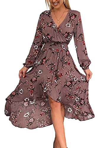 Image of Kormei Women Long Sleeve V Neck Floral Maxi Dress High Low Flowy Party Long Dresses M D10-RosyBrown