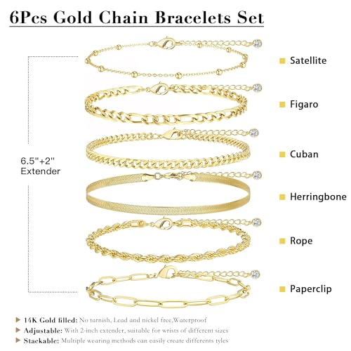Gold Stack Chain Bracelets for Women Non Tarnish, 14K Gold Plated Bracelets Set for Women, Waterproof Layered Trendy Dainty Thin Cuban Link Paperclip Bracelet Pack for Jewelry Gifts4