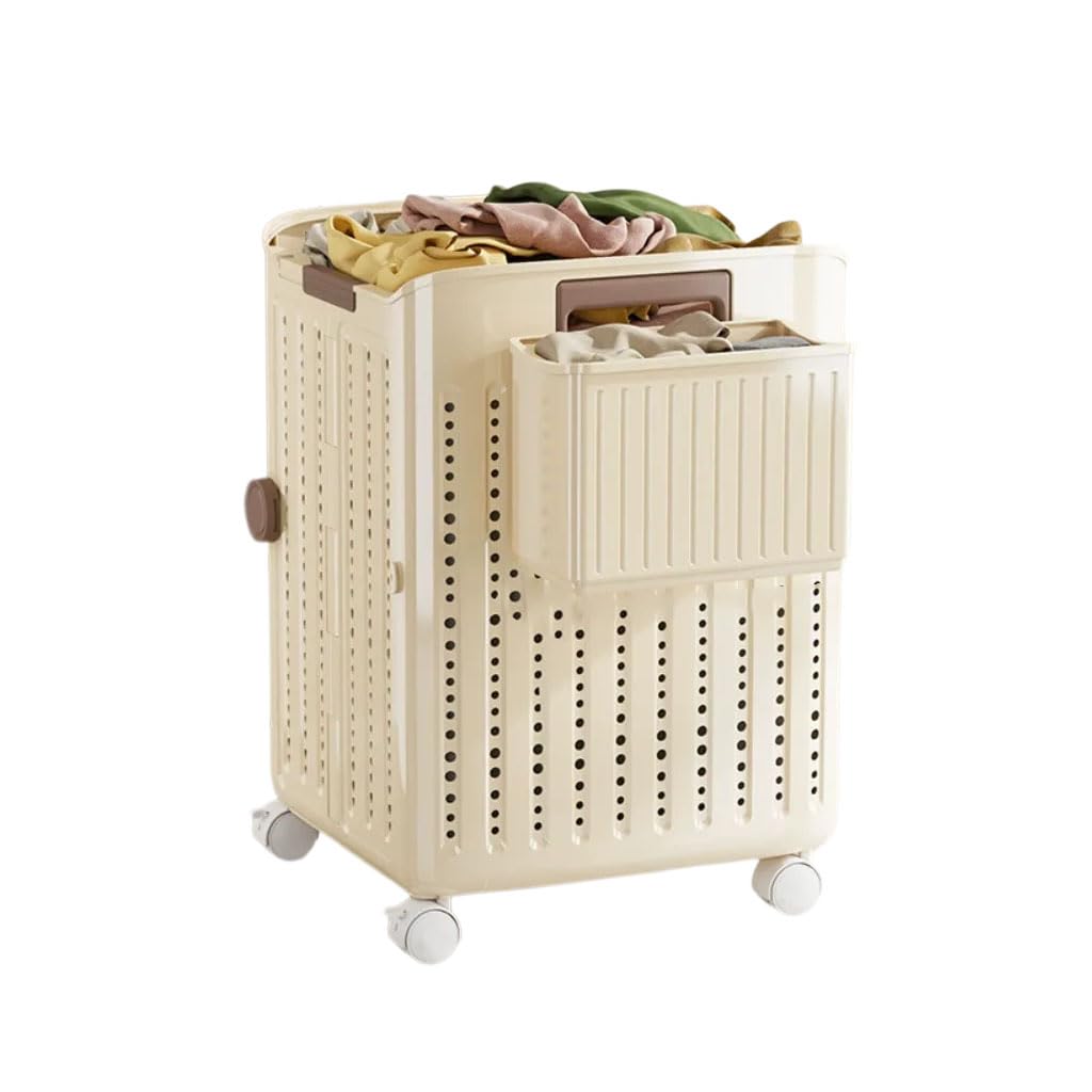HRGKLMN Laundry basket, foldable with wheels and additional basket, large-capacity washing basket made of plastic, space-saving laundry hamper for small apartments, bathroom wash area,Cremefarben,L