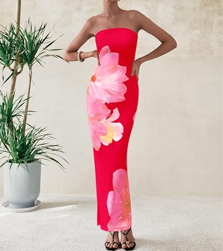 Image of PRETTYGARDEN Women Summer Strapless Maxi Dress Bodycon Floral Sexy Long Wedding Guest Dress Formal Tube Mesh Cocktail Dresses