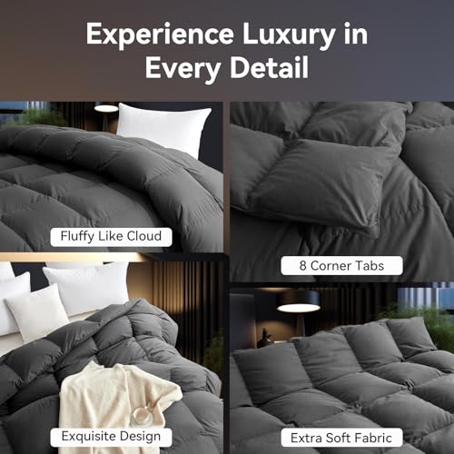 L LOVSOUL 75% Goose Down Fiber Comforter Queen Size, 750+ Fill Power Hotel Style Bedding Comforter, 1200TC, Fluffy Ultra Soft All Season Gery Duvet Insert with 8 Corner Tabs