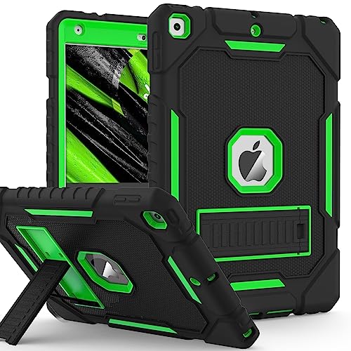 ZoneFoker Case for iPad 9th/8th/7th Generation 2021/2020/2019(10.2 inch), Heavy Duty Military Grade Shockproof Rugged Protective 10.2" Cover with Built-in Stand for iPad 9 8 7 Gen (Black+Green)