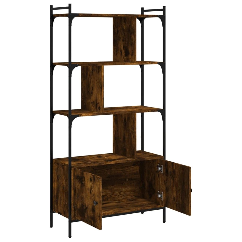Homgoday Librería con puertas de roble ahumado, 76,5 x 30 x 154,5 cm, madera contrachapada, armario librería vitrina, librería vertical para ahorrar espacio, librería de suelo, para salón o estudio