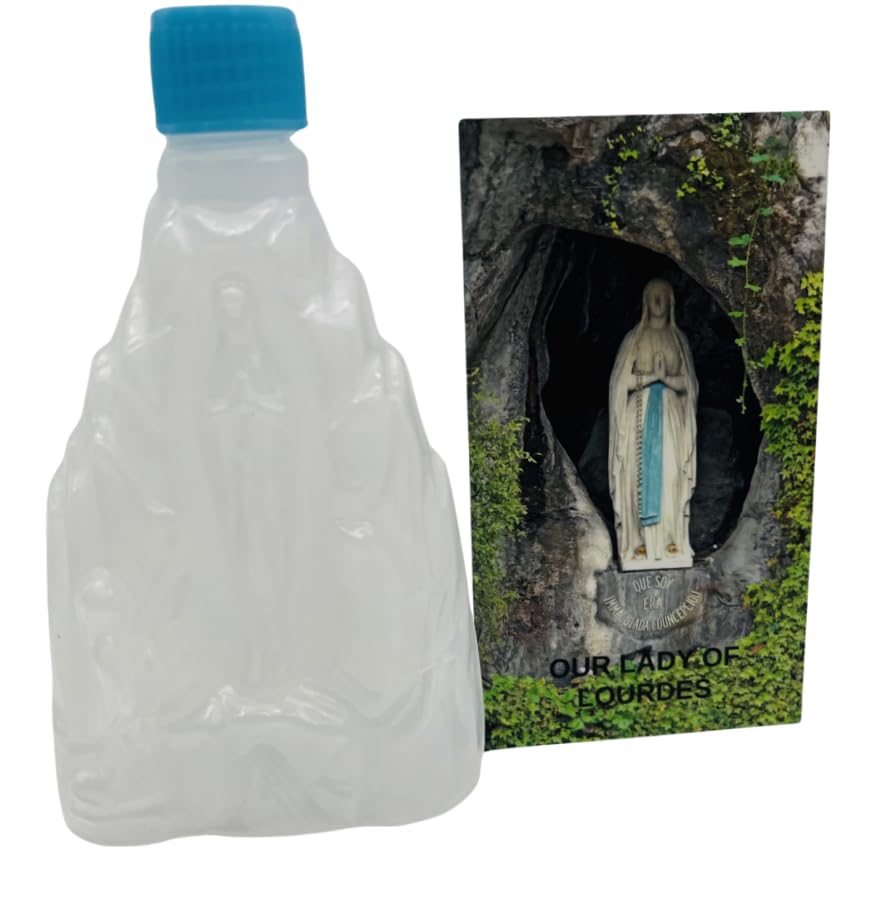 Westmon Works Nuestra Señora de Lourdes - Juego de botella de agua bendita y tarjeta de oración, recipiente de bendición sagrada (vacío)