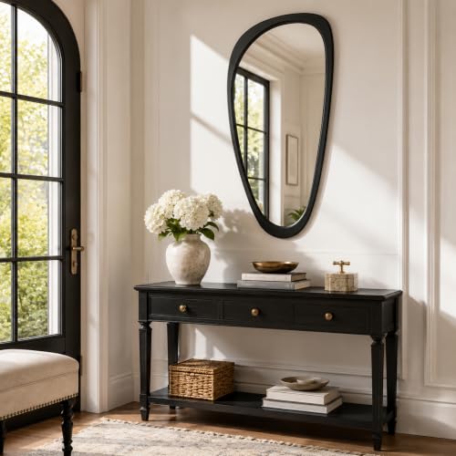 Image of Solid Wood 48x24 Matte Black Large Organic Irregular Wall Mirror | Large black statement adds modern contrast to bedroom walls, hallways, entryways, living rooms, dresser decor, black accents.