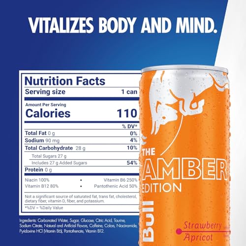 Image of Red Bull Amber Edition Energy Drink, Strawberry Apricot, with 80mg Caffeine plus Taurine & B Vitamins, 8.4 Fl Oz, 6 Packs of 4 Cans (Pack of 24)