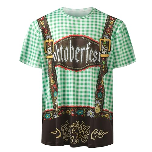 SightYoung Oktoberfest Shirt Men,Bavarian Lederhosen T-Shirt Men,German Novelty Short Sleeve T-Shirt,Green Plaid,XXXL