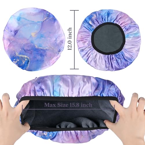 Purple Marble Print Satin Shower Cap, Three-Layer Terry Cloth Lined, with Silk Hair Ties, Microfiber Waterproof Reusable Large Size Shower Cap for Women Long Thick Hair - Image 3