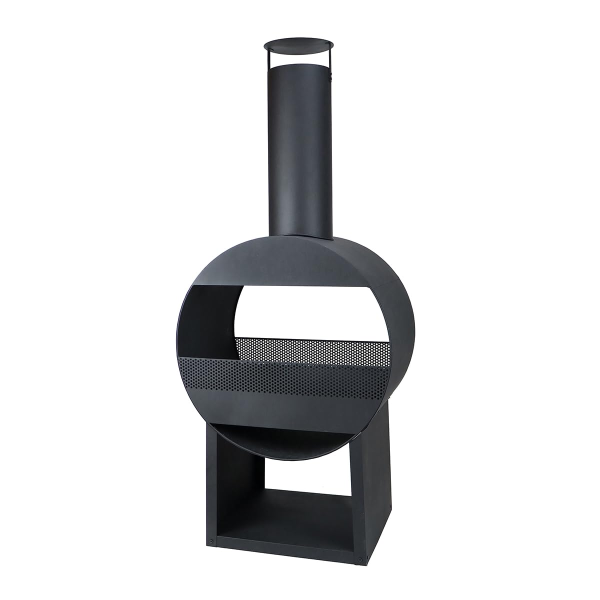 CHARLES BENTLEY Chauffage terrasse cheminée Moderne 129cm, Acier Noir, brûleur Bois/Charbon, tisonnier Inclus, Design Contemporain, Rangement bûches (129x55x40cm)