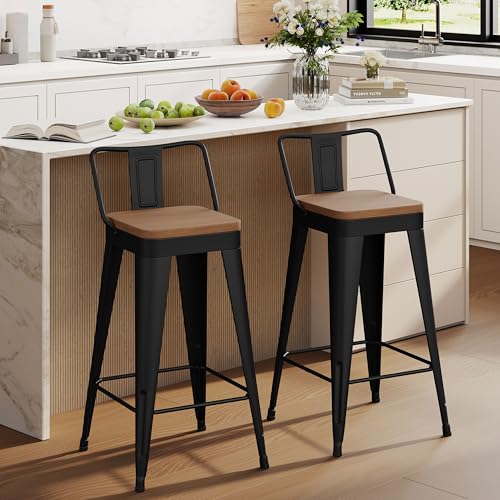 POINTANT Bar Stools Set of 2 Metal Bar Stool Counter Height Bar Stools 26" Black Modern Bar Chairs with Back and Wooden Seat Bar Stool Counter Height
