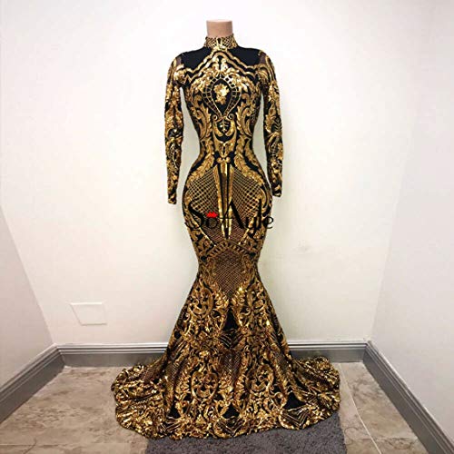 Black Gold Sequined Mermaid Long Sleeve Prom Evening Shower Party Dress Celebrity Pageant Wedding Gown2