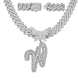 Cadena de eslabones cubanos de plata para mujer, collar con letra inicial personalizada, collar personalizado con diamantes de imitación, collar brillante, cadena de hip hop, joyería para mujer, Zinc,