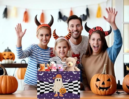 Image of Large Halloween Themed Candy Gift Boo Basket for Kids Baby Personalized Adults Storage Bin Fall Decor(Baseball Hat Grid Spooky)