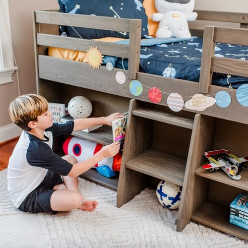 Max & Lily Modern Farmhouse Low Loft Bed, Twin Bed Frame for Kids with 2 Bookcases, Driftwood - Thumbnail 3