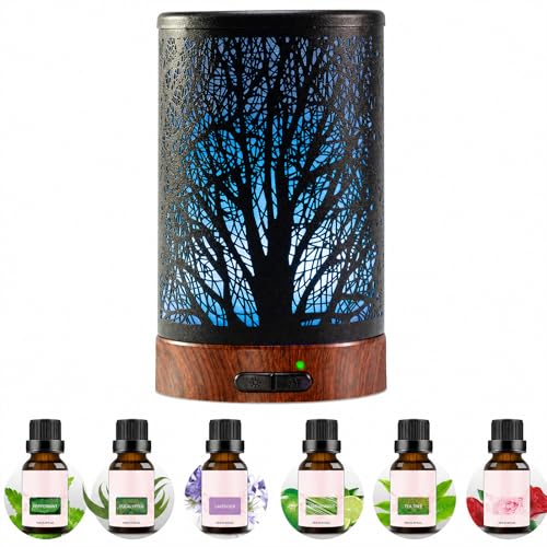 Oil Diffuser & Essential Oils Set - Oil Diffuser 150ml with 6 Essential Oils Set, Aromatherapy Cool Mist Oil Diffusers for Essential Oils, Auto Shut-Off，7 Colors Night Light,Gifts for Mom