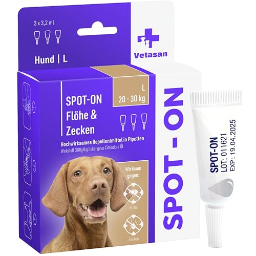 Vetasan Spot-ON für Hunde 20-30kg (L) | gegen Flöhe & Zecken | 3 Monate Schutz | HOCHWIRKSAM | Zeckenmittel für Hunde Zeckenschutz | Hundeflohmittel