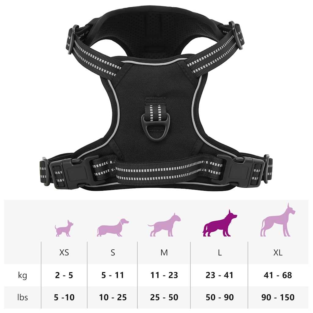 Arnés para perro con correa y collar negro de poliéster, talla L, ajustable con 4 correas y tiras reflectantes, incluye correa de 180 cm y asa de seguridad para pasear