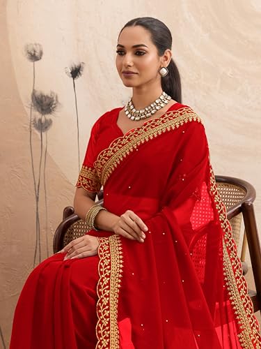 Image of Women's Georgette Embroidery Border Beads work Saree with Blouse Piece