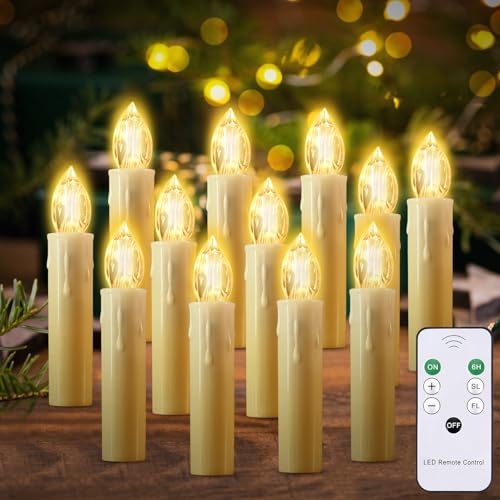 cimetech 12er Christbaumkerzen Kabellos Led Schwebende Kerzen Weihnachtsbaumbeleuchtung Weihnachtskerzen Warmweiß Flammenlose LED Kerzen mit Fernbedienung Timer Weihnachtsbaum Lichterkette