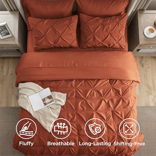 Image of Bedsure Full Comforter Set Burnt Orange - Bed in a Bag Full Size Bedding Set 7 PCS, GentleSoft Pintuck Bed Set Gift for Family, All Season Down Alternative Comforter with Sheets, Pillowcases & Shams