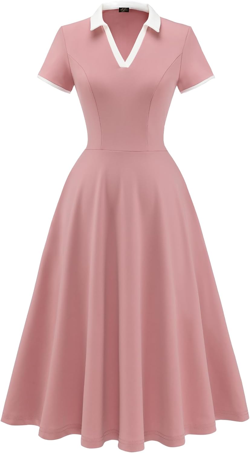 Dressystar Women V Neck 1950s Vintage Short Sleeves Dress Retro A Line Swing Rockabilly Cocktail Party Dresses with Pockets