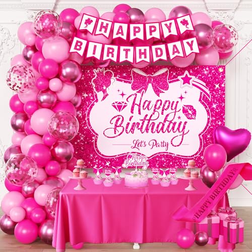 Pink Birthday Party Decorations for girls,Birthday Banner,Pink Ba...
